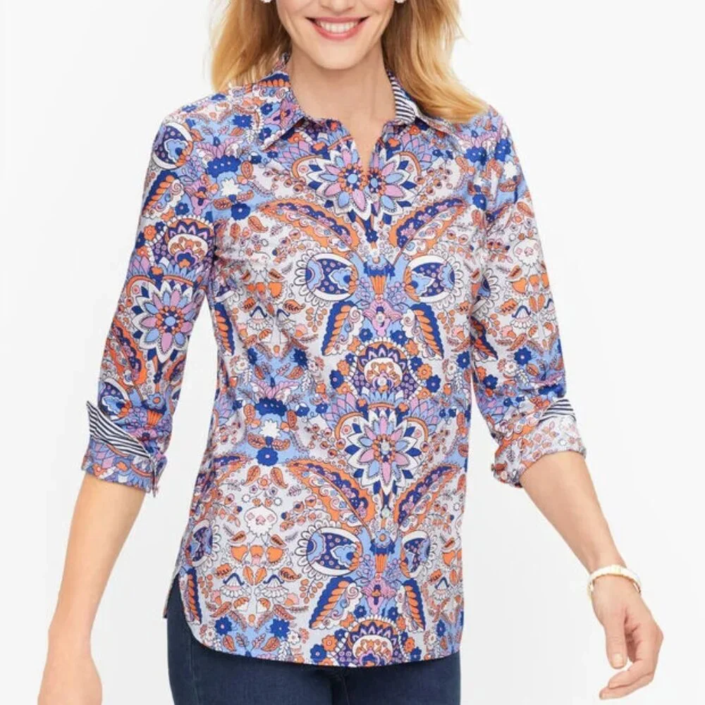 NWOT Talbots Classic Cotton Shirt Button-Up Royal Palm Paisley Floral size 1X